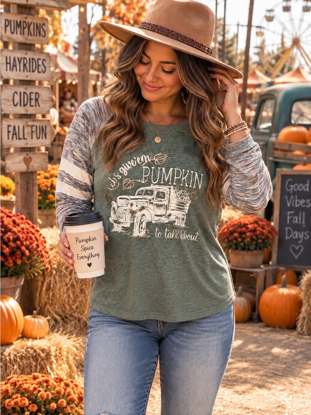 Sable Sky 1X Green Pumpkin Truck Fall Long Sleeve Raglan Top
